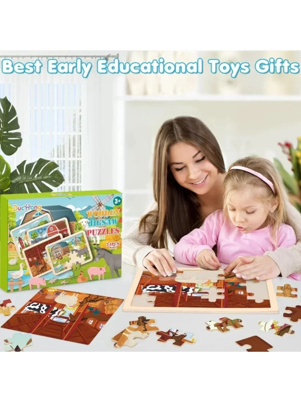 4-in-1 Wooden Puzzles for Kids 3-6, Educational Jigsaw Toys, Fun Gift for